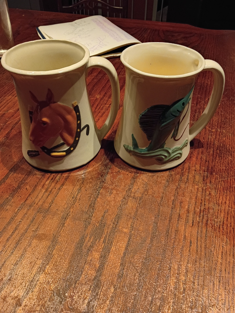 Vintage Bob 1981 Large Ceramic Cream Hunting & Fishing Motif Mugs - Set of 2